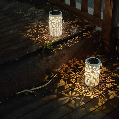 Contemporary Creative Solar Waterproof Iron Cylinder Lantern Butterfly Peony Flower Shadow LED Outdoor Light Landscape Lighting For Garden