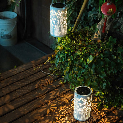 Contemporary Creative Solar Waterproof Iron Cylinder Lantern Butterfly Peony Flower Shadow LED Outdoor Light Landscape Lighting For Garden