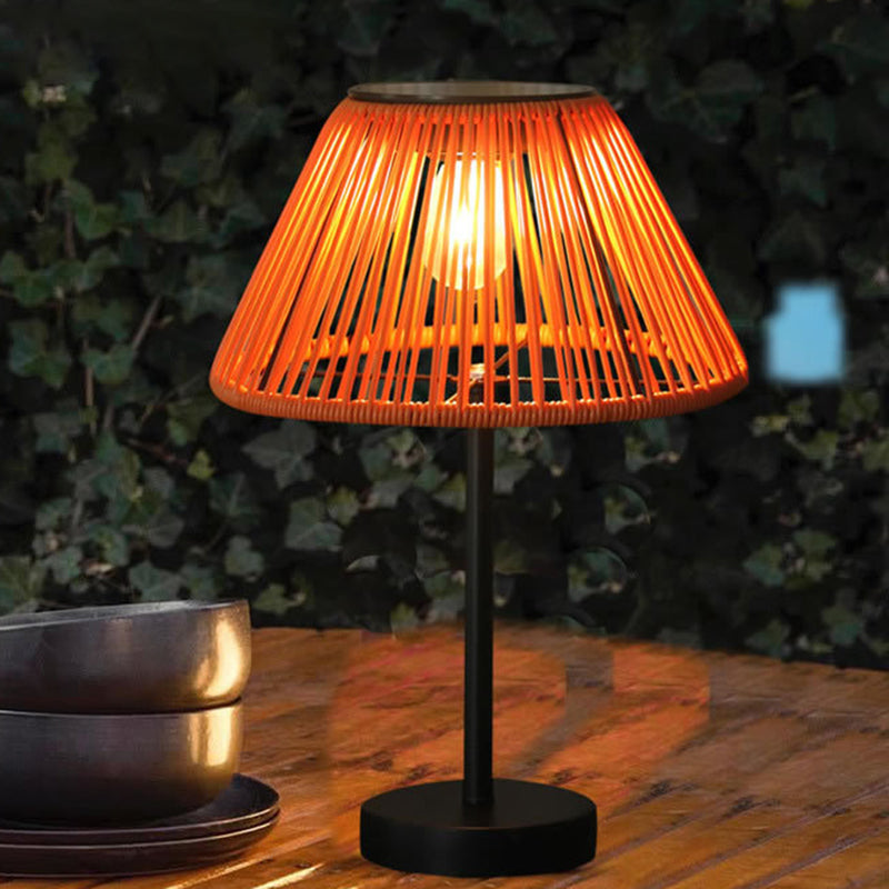 Traditional Farmhouse Waterproof Solar Rechargeable Weaving Gum Rattan Iron Conic LED Outdoor Table Lamp For Garden