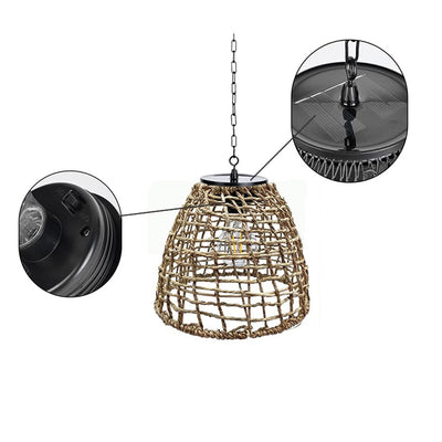 Traditional Farmhouse Solar Waterproof Weaving Iron Rattan Cage LED Outdoor Pendant Light For Outdoor Patio