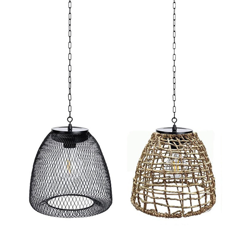 Traditional Farmhouse Solar Waterproof Weaving Iron Rattan Cage LED Outdoor Pendant Light For Outdoor Patio