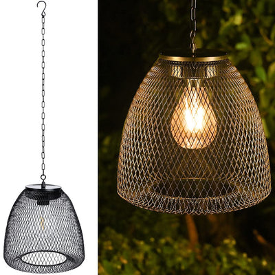 Traditional Farmhouse Solar Waterproof Weaving Iron Rattan Cage LED Outdoor Pendant Light For Outdoor Patio