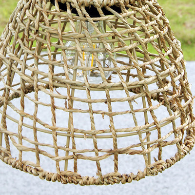 Traditional Farmhouse Solar Waterproof Weaving Iron Rattan Cage LED Outdoor Pendant Light For Outdoor Patio