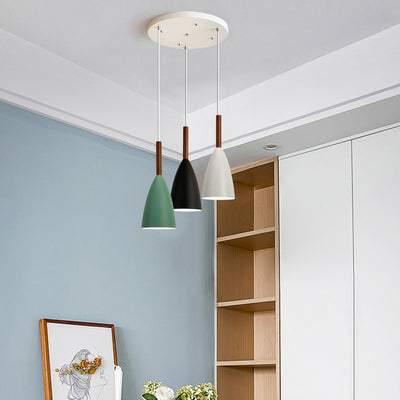 Contemporary Nordic Iron Wood Conic 1-Light Pendant Light For Dining Room