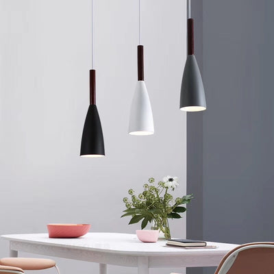 Contemporary Nordic Iron Wood Conic 1-Light Pendant Light For Dining Room