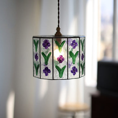 Contemporary Retro Brass Glass Cylinder Hand Painted Flower Leaf 1-Light Pendant Light For Dining Room