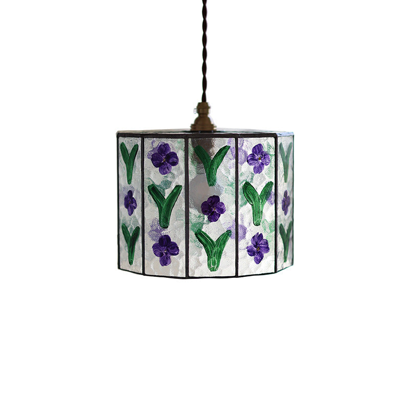 Contemporary Retro Brass Glass Cylinder Hand Painted Flower Leaf 1-Light Pendant Light For Dining Room