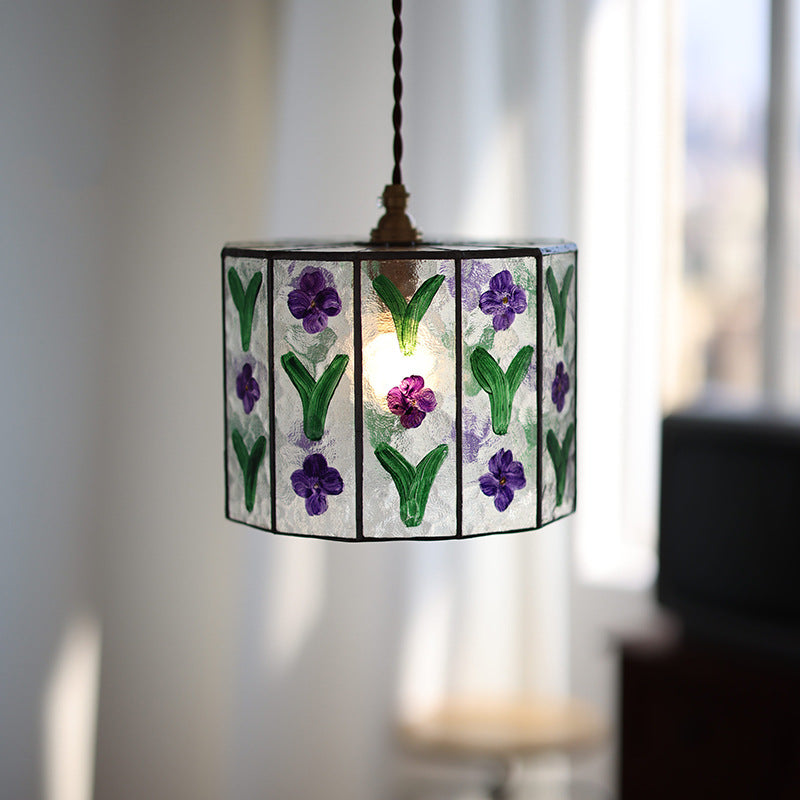 Contemporary Retro Brass Glass Cylinder Hand Painted Flower Leaf 1-Light Pendant Light For Dining Room