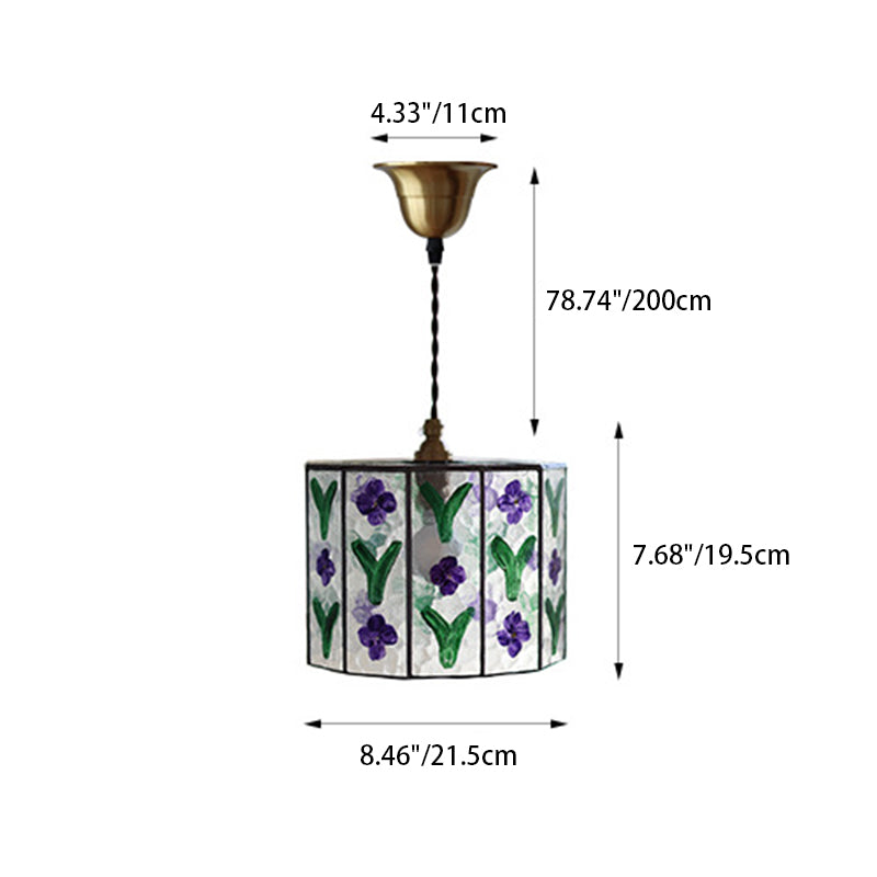 Contemporary Retro Brass Glass Cylinder Hand Painted Flower Leaf 1-Light Pendant Light For Dining Room