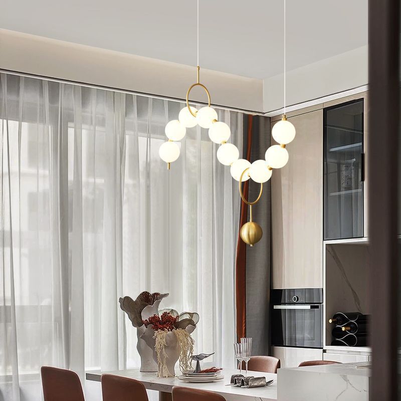 Contemporary Nordic Copper Acrylic Bead Pearl Necklace LED Chandeliers Island Light For Living Room