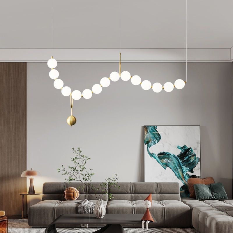 Contemporary Nordic Copper Acrylic Bead Pearl Necklace LED Chandeliers Island Light For Living Room