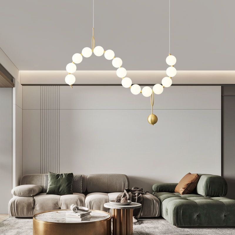 Contemporary Nordic Copper Acrylic Bead Pearl Necklace LED Chandeliers Island Light For Living Room