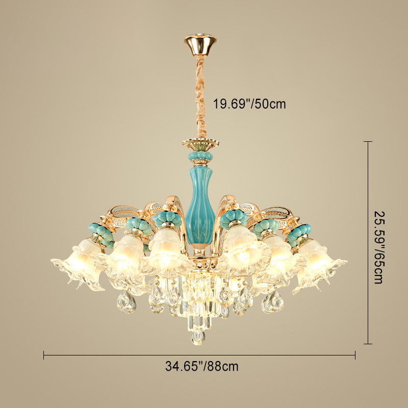 Traditional European Zinc Alloy Glass Ceramic Crystal Floral 3/6/8/10/12/15 Light Chandeliers For Living Room