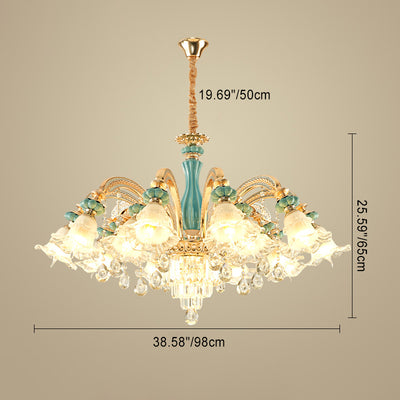 Traditional European Zinc Alloy Glass Ceramic Crystal Floral 3/6/8/10/12/15 Light Chandeliers For Living Room