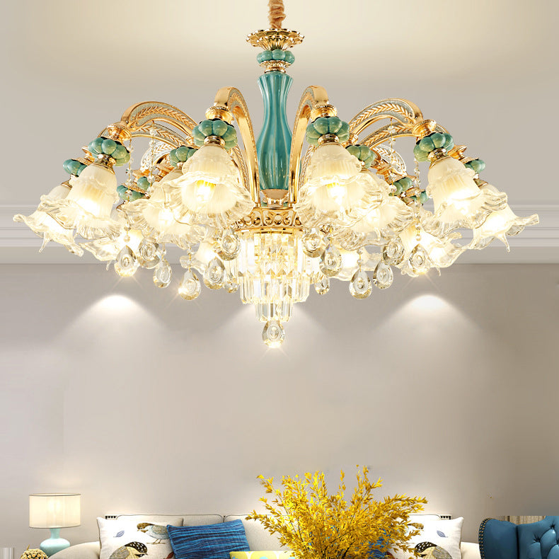 Traditional European Zinc Alloy Glass Ceramic Crystal Floral 3/6/8/10/12/15 Light Chandeliers For Living Room