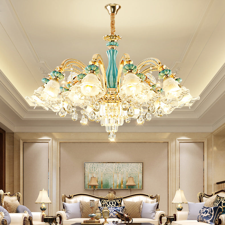 Traditional European Zinc Alloy Glass Ceramic Crystal Floral 3/6/8/10/12/15 Light Chandeliers For Living Room