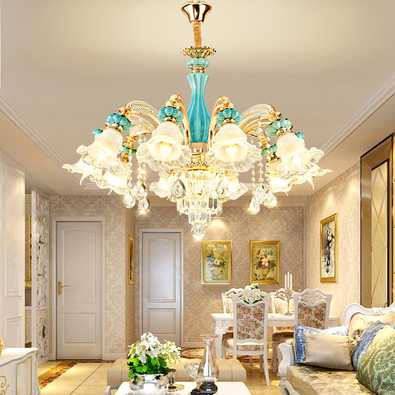 Traditional European Zinc Alloy Glass Ceramic Crystal Floral 3/6/8/10/12/15 Light Chandeliers For Living Room