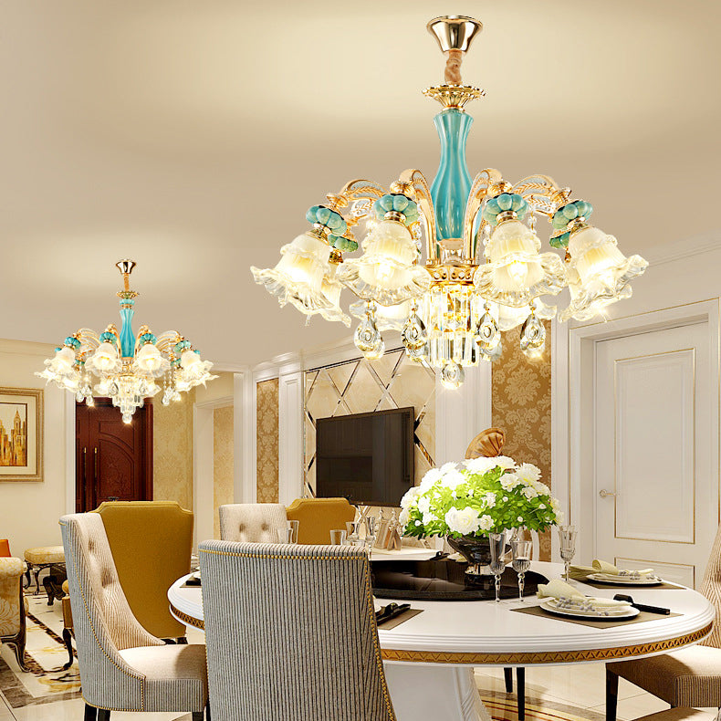 Traditional European Zinc Alloy Glass Ceramic Crystal Floral 3/6/8/10/12/15 Light Chandeliers For Living Room