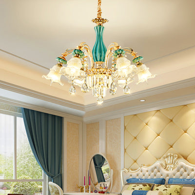 Traditional European Zinc Alloy Glass Ceramic Crystal Floral 3/6/8/10/12/15 Light Chandeliers For Living Room