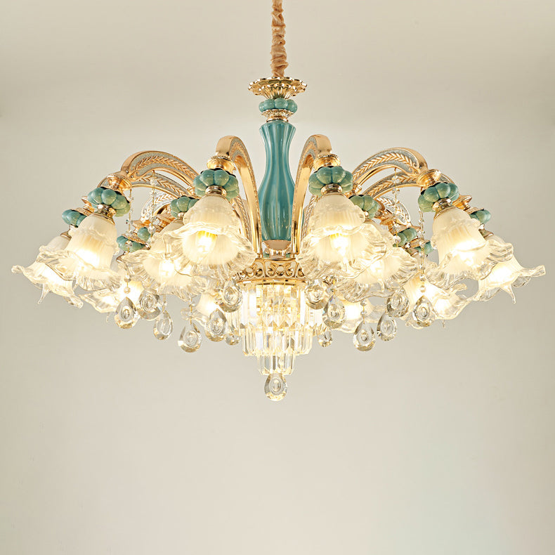 Traditional European Zinc Alloy Glass Ceramic Crystal Floral 3/6/8/10/12/15 Light Chandeliers For Living Room