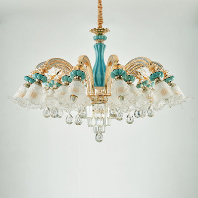 Traditional European Zinc Alloy Glass Ceramic Crystal Floral 3/6/8/10/12/15 Light Chandeliers For Living Room