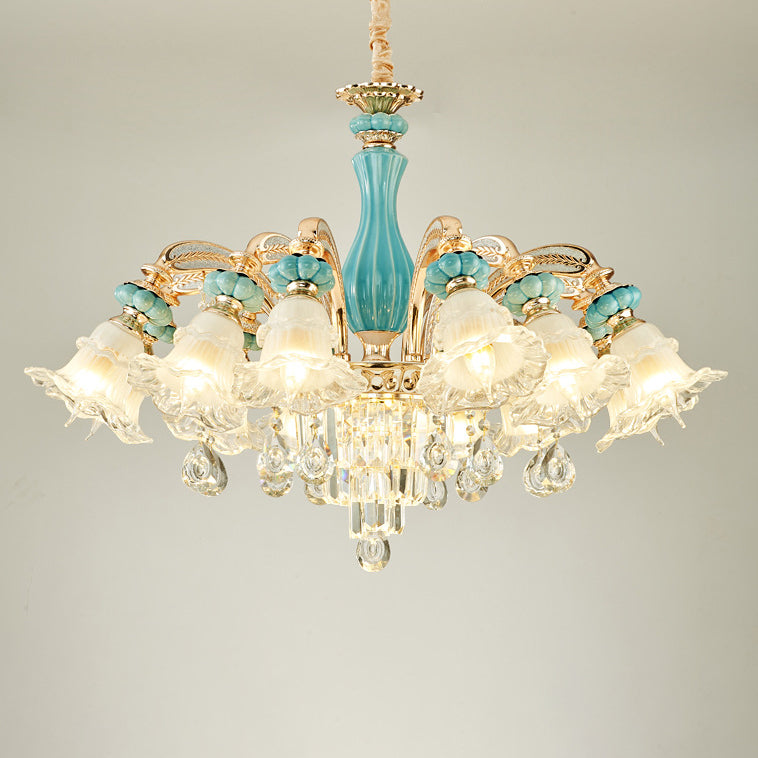 Traditional European Zinc Alloy Glass Ceramic Crystal Floral 3/6/8/10/12/15 Light Chandeliers For Living Room