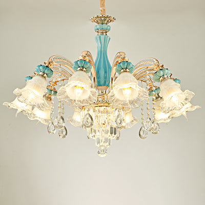 Traditional European Zinc Alloy Glass Ceramic Crystal Floral 3/6/8/10/12/15 Light Chandeliers For Living Room