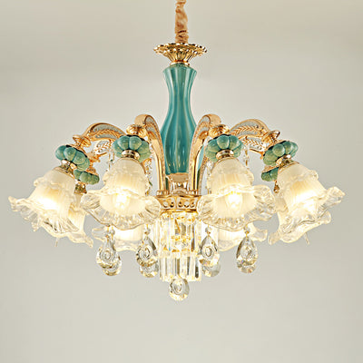 Traditional European Zinc Alloy Glass Ceramic Crystal Floral 3/6/8/10/12/15 Light Chandeliers For Living Room