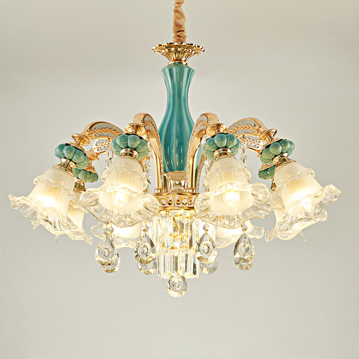 Traditional European Zinc Alloy Glass Ceramic Crystal Floral 3/6/8/10/12/15 Light Chandeliers For Living Room