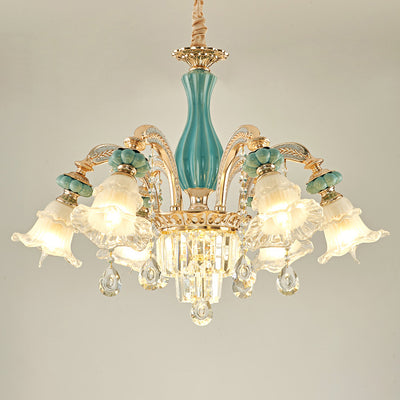 Traditional European Zinc Alloy Glass Ceramic Crystal Floral 3/6/8/10/12/15 Light Chandeliers For Living Room