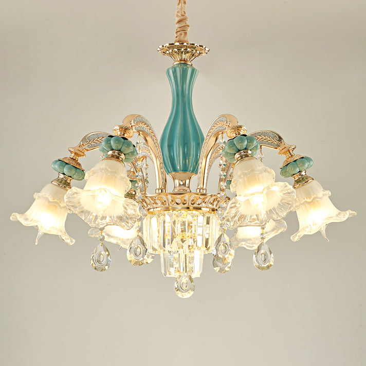 Traditional European Zinc Alloy Glass Ceramic Crystal Floral 3/6/8/10/12/15 Light Chandeliers For Living Room