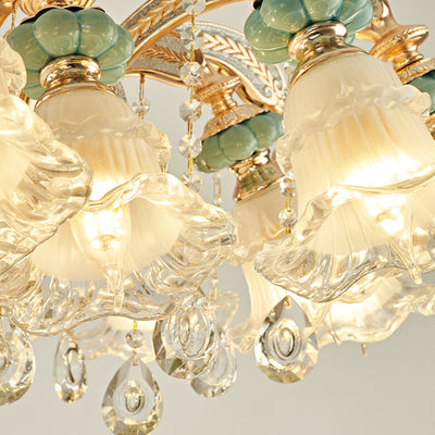 Traditional European Zinc Alloy Glass Ceramic Crystal Floral 3/6/8/10/12/15 Light Chandeliers For Living Room