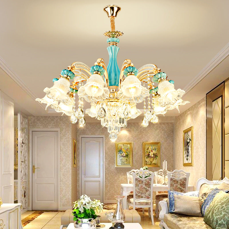 Traditional European Zinc Alloy Glass Ceramic Crystal Floral 3/6/8/10/12/15 Light Chandeliers For Living Room