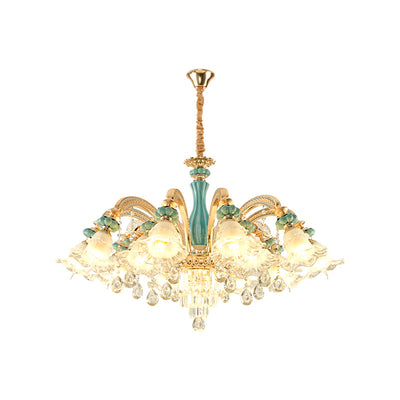 Traditional European Zinc Alloy Glass Ceramic Crystal Floral 3/6/8/10/12/15 Light Chandeliers For Living Room