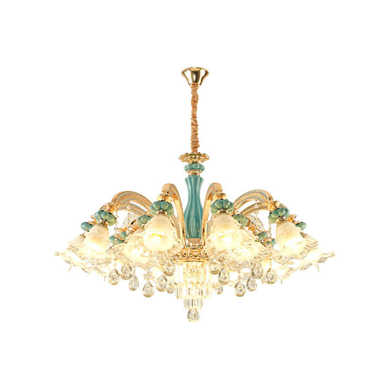 Traditional European Zinc Alloy Glass Ceramic Crystal Floral 3/6/8/10/12/15 Light Chandeliers For Living Room