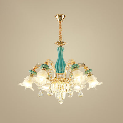 Traditional European Zinc Alloy Glass Ceramic Crystal Floral 3/6/8/10/12/15 Light Chandeliers For Living Room