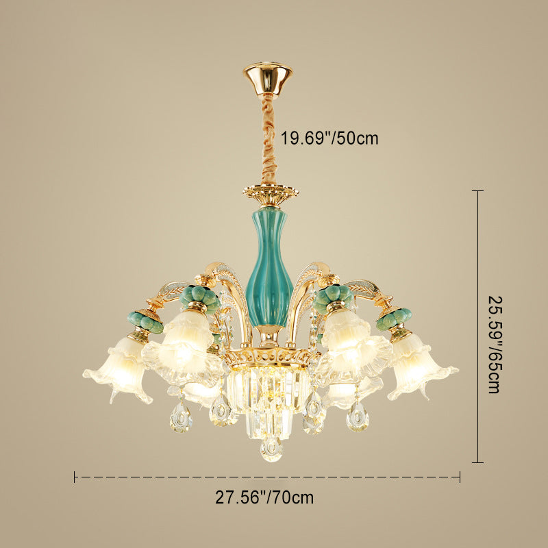 Traditional European Zinc Alloy Glass Ceramic Crystal Floral 3/6/8/10/12/15 Light Chandeliers For Living Room