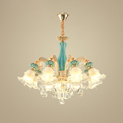 Traditional European Zinc Alloy Glass Ceramic Crystal Floral 3/6/8/10/12/15 Light Chandeliers For Living Room