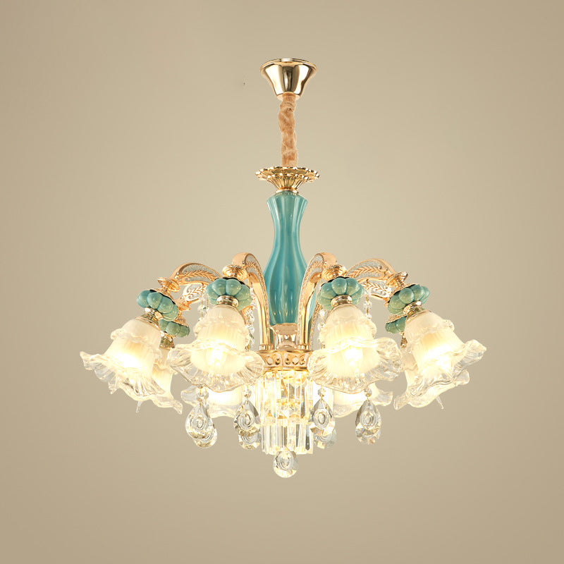 Traditional European Zinc Alloy Glass Ceramic Crystal Floral 3/6/8/10/12/15 Light Chandeliers For Living Room