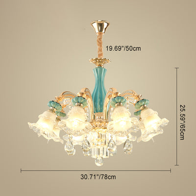 Traditional European Zinc Alloy Glass Ceramic Crystal Floral 3/6/8/10/12/15 Light Chandeliers For Living Room