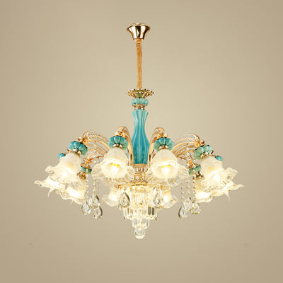 Traditional European Zinc Alloy Glass Ceramic Crystal Floral 3/6/8/10/12/15 Light Chandeliers For Living Room