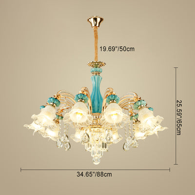 Traditional European Zinc Alloy Glass Ceramic Crystal Floral 3/6/8/10/12/15 Light Chandeliers For Living Room