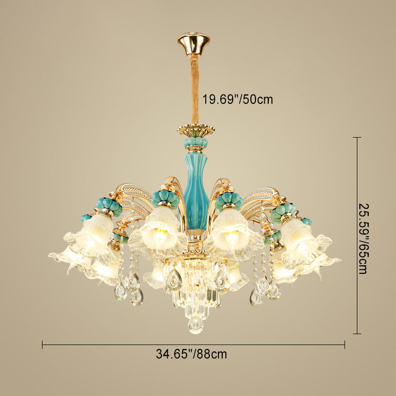 Traditional European Zinc Alloy Glass Ceramic Crystal Floral 3/6/8/10/12/15 Light Chandeliers For Living Room