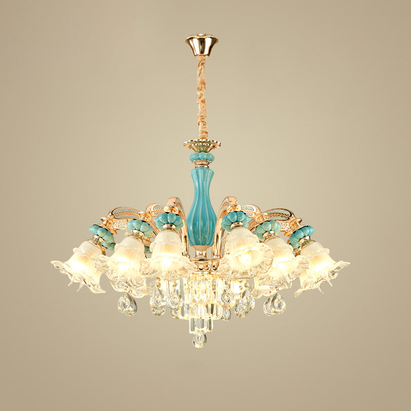 Traditional European Zinc Alloy Glass Ceramic Crystal Floral 3/6/8/10/12/15 Light Chandeliers For Living Room