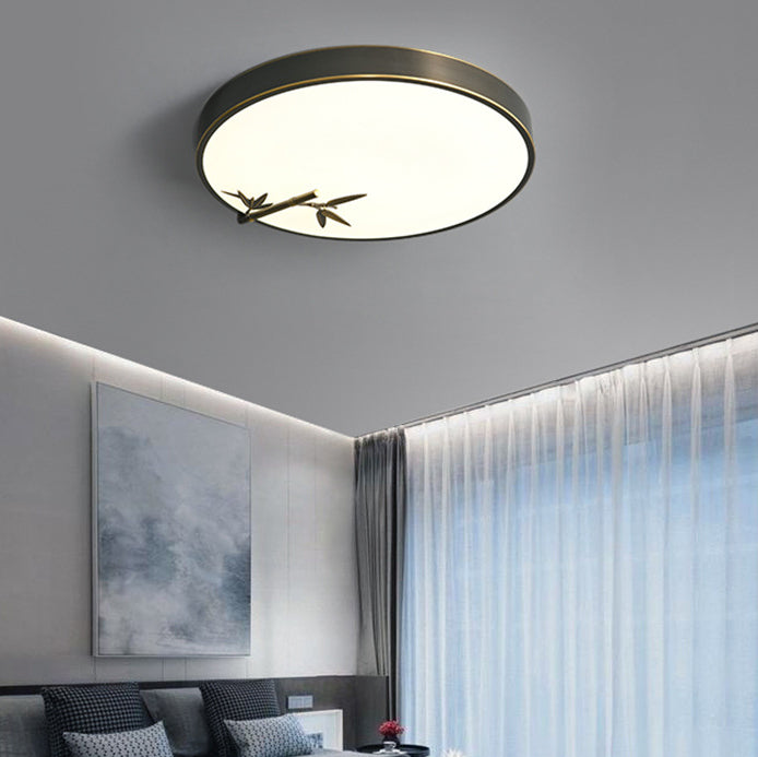 Traditional Chinese Brass Acrylic Round Bamboo Leaf LED Flush Mount Ceiling Light For Bedroom