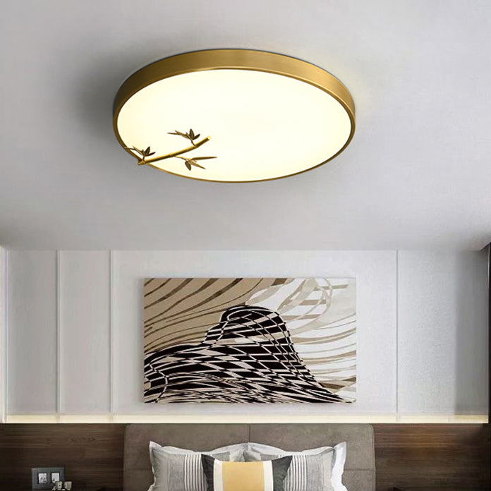 Traditional Chinese Brass Acrylic Round Bamboo Leaf LED Flush Mount Ceiling Light For Bedroom