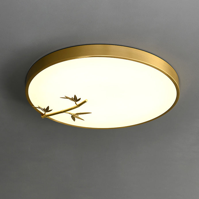 Traditional Chinese Brass Acrylic Round Bamboo Leaf LED Flush Mount Ceiling Light For Bedroom