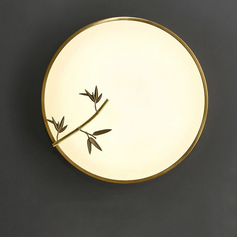 Traditional Chinese Brass Acrylic Round Bamboo Leaf LED Flush Mount Ceiling Light For Bedroom