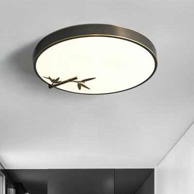 Traditional Chinese Brass Acrylic Round Bamboo Leaf LED Flush Mount Ceiling Light For Bedroom