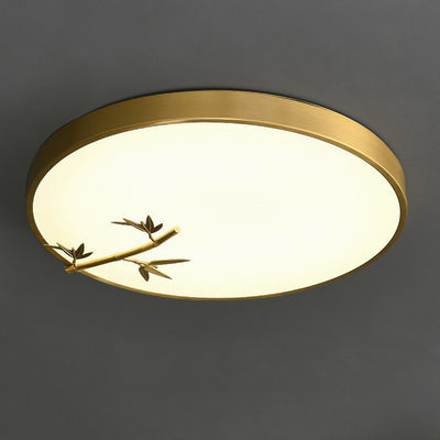 Traditional Chinese Brass Acrylic Round Bamboo Leaf LED Flush Mount Ceiling Light For Bedroom